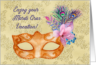 Enjoy Your Mardi Gras Vacation Mask with Feathers and Flowers card