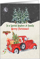 Nephew and Family Merry Christmas Red Truck Snow Scene card