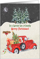 Son and Family Merry Christmas Red Truck Snow Scene card