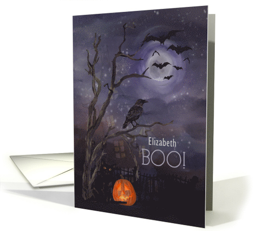 Happy Halloween Boo Custom Name Misty Nighttime Scene card (1650624)