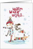 Merry Christmas and Happy New Year Greeting with Cute Snowman and Dog card