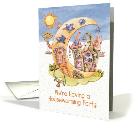 Housewarming Party Invitation Whimsical Houses on a Crescent Moon card