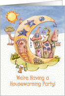 Housewarming Party Invitation Whimsical Houses on a Crescent Moon card