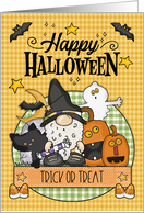 Happy Halloween Trick or Treat Gnome and Friends card