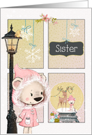 Sister Christmas Scene with Girl Bear Looking in Window card