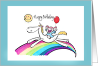 Little Girl rides Unicorn, cartoon art, Happy Birthday card