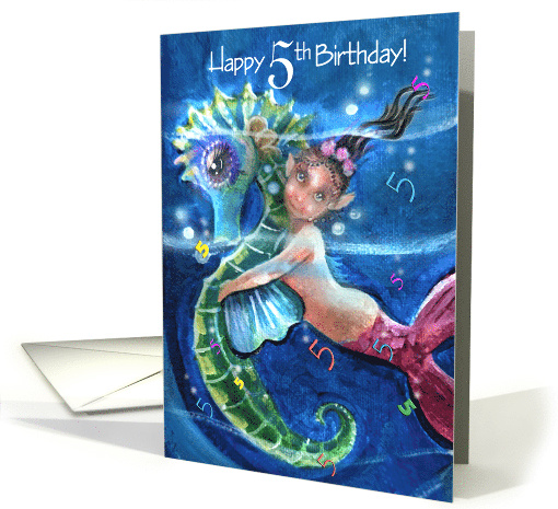 Happy 5th Birthday for girl, mermaid, seahorse, floating fives card