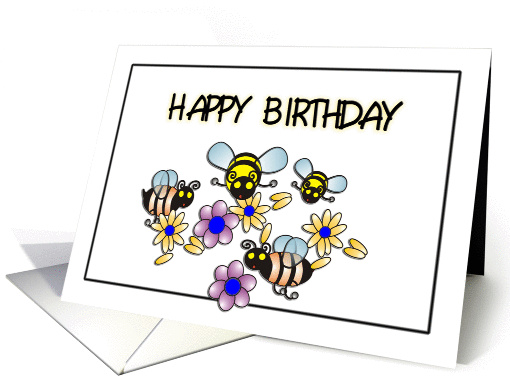Bumble Bees and Flowers, Happy Birthday card (900115)
