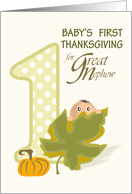 Baby Peeking Over Leaf Great Nephew First Thanksgiving card