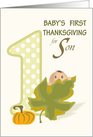 Baby Peeking Over Leaf Son First Thanksgiving card