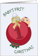 Peeking from Behind Ornament Baby’s First Christmas card