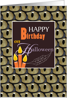 Monster Eyes and Candles Happy Birthday on Halloween card