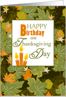 Leaves and Candles Birthday on Thanksgiving Day card