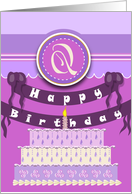 Violet and Purple Monogram Q Happy Birthday Cake card