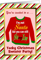 Tacky Christmas Sweater Party Invitation: red, green & candy stripes card