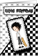 Little Emo Boy Skateboarder Birthday Card in Black and White card