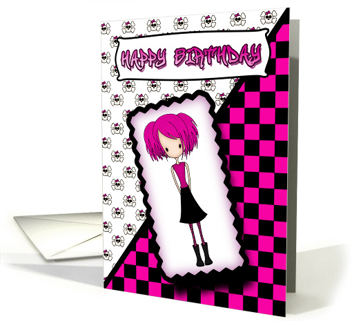 Little Emo Girl Birthday Card in Black and Pink card (943520)