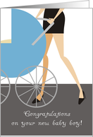 Fashion mom walking baby boy carriage new baby congratulations card