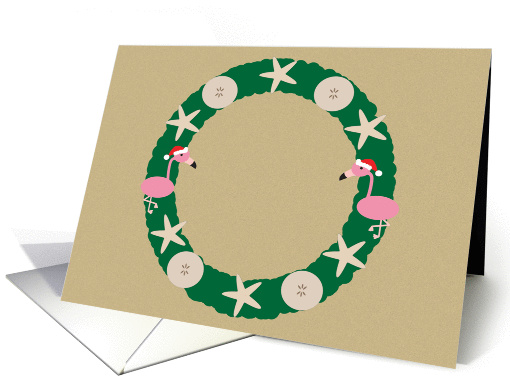 Christmas Beach Sand dollar shells Starfish Flamingo Wreath card