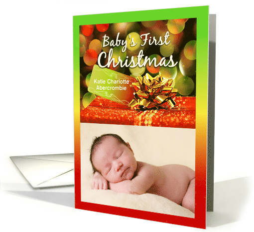 Baby's First Christmas Photo in Red and Gold Gift Package card
