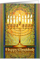 Happy Chanukah, Golden Menorah Lights in Mosaic Window card