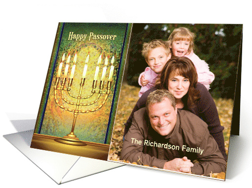 Messianic Happy Passover Golden Menorah in Window for Photo card