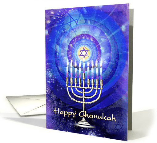 Happy Messianic Chanukah Menorah and Star with Blue Light card