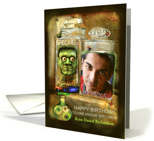 Happy Birthday to Specimen, Creepy Head in Jar Humor Photo card