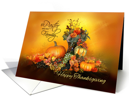To Pastor and his Family, Happy Thanksgiving, Pumpkins and Leaves card