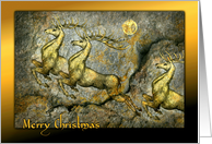 Reindeer Merry Christmas Golden Deer Leaping Under a Full Moon card