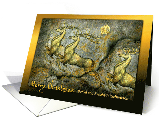 Reindeer Christmas Golden Deer Leaping on Granite Custom Front card