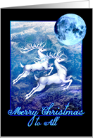White Christmas Reindeer Flying Under a Blue Christmas Moon card