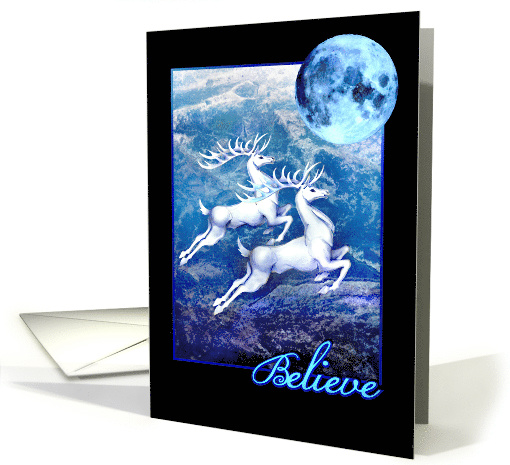 Believe in Magic, White Christmas Reindeer Flying Under the Moon card