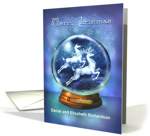 Christmas Snow Globe Believe in Reindeer Flying Custom Front card