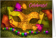 Mardi Gras Party Invitation, Golden Mask with Fans and Beads card