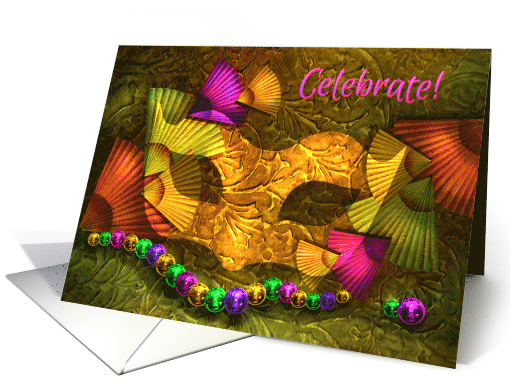 Masquerade Party Invitation, Golden Mask with Fans and Beads card