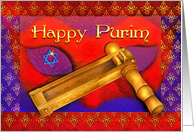Happy Purim, Jewish Holiday Grogger and Esther Mask card
