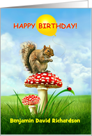 Happy Birthday Squirrel on a Toadstool, Add Name to Custom Front card