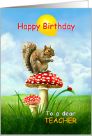 Happy Birthday to Teacher, Cute Squirrel on a Toadstool card
