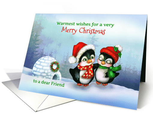 To a Friend, Merry Christmas Penguins in Snow with Igloo & Wreath card