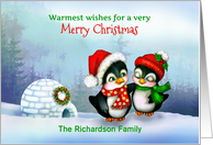 Christmas Penguins with Igloo and Wreath, Custom Front for Name card