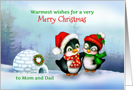 To Mom and Dad, Merry Christmas Penguins in Snow with Igloo card