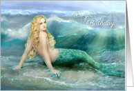 Happy Birthday Wishes, Mermaid on Seashore with Sparkling Waves card