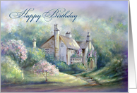 Happy Birthday English Country House & Garden with Flowering Trees card