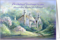 Happy Birthday Custom Front, House & Flowering Garden Add Name card