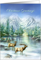 Christmas Greetings, Snowy Mountain Landscape with Elks in Lake card
