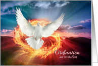 Ordination Invitation, Holy Spirit Dove & Flames, Ordained to Ministry card