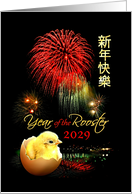 Chinese New Year of the Rooster 2029, Fireworks and Baby Chick card