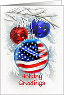 Patriotic Christmas, Season’s Greetings American Flag in Ornament card