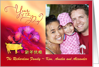 Chinese New Year of the Pig, Red and Magenta Ginkgo Leaves card